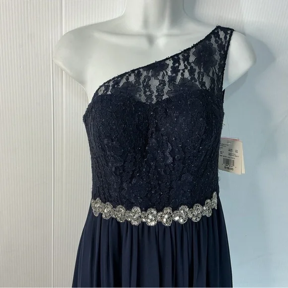 David's Bridal Navy Strapless Lace Bodice Gown with Beaded Waist - Picture 2 of 9
